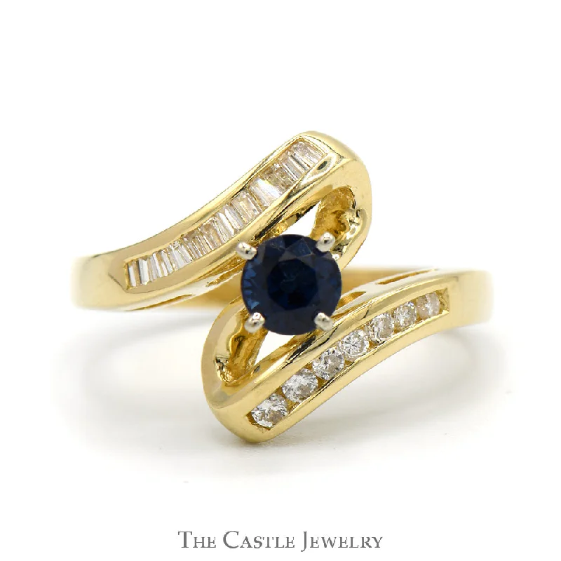 Simple Silver Engagement Ring-Round Sapphire Ring with Channel Set Diamond Accents in 14k Yellow Gold Bypass Mounting