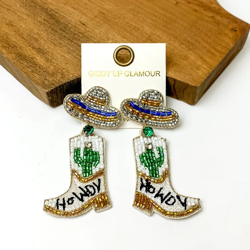 Boho Hoop Earrings-Beaded Sombrero Hat and Boot Earrings in White Multi