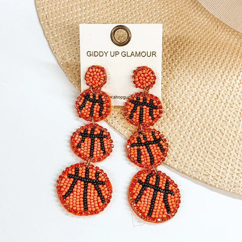 Trendy Drop Earrings-Three Tiered Basketball Beaded Post Back Earrings in Orange