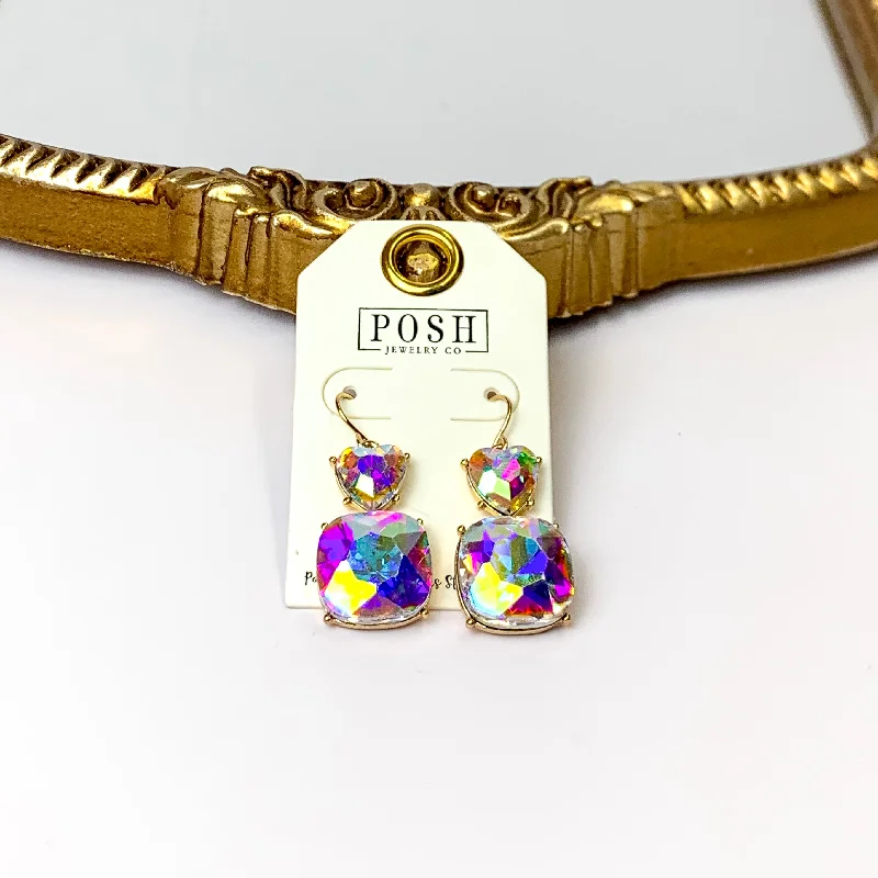 Heart Shaped Earrings-Posh by Pink Panache | Gold Tone AB Heart Shaped and Cushion Cut Crystal Drop Earrings