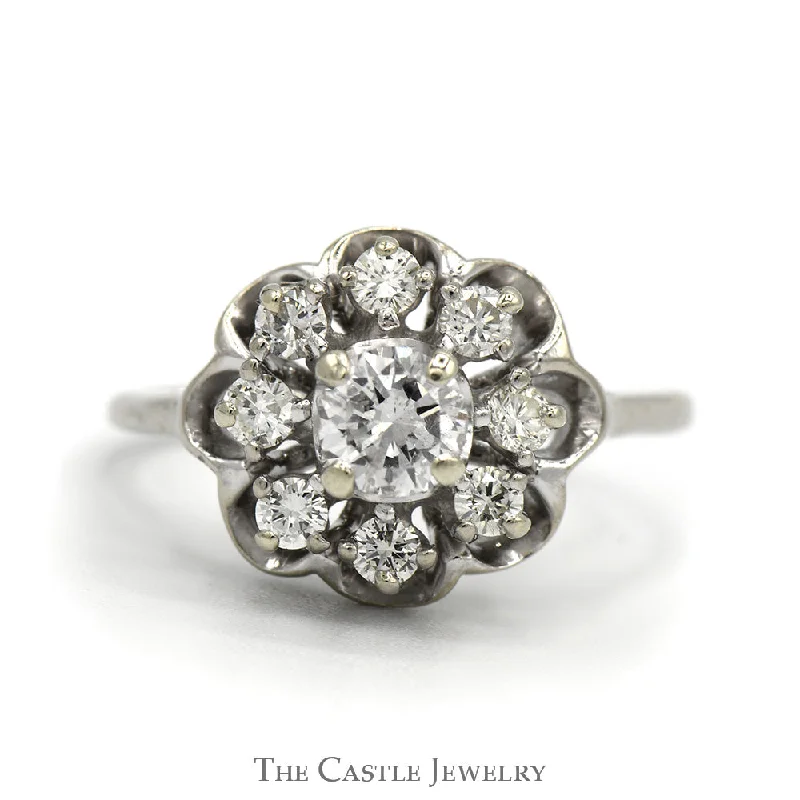 Designer Promise Ring-1cttw 9 Diamond Flower Cluster Ring in 14k White Gold Scalloped Mounting