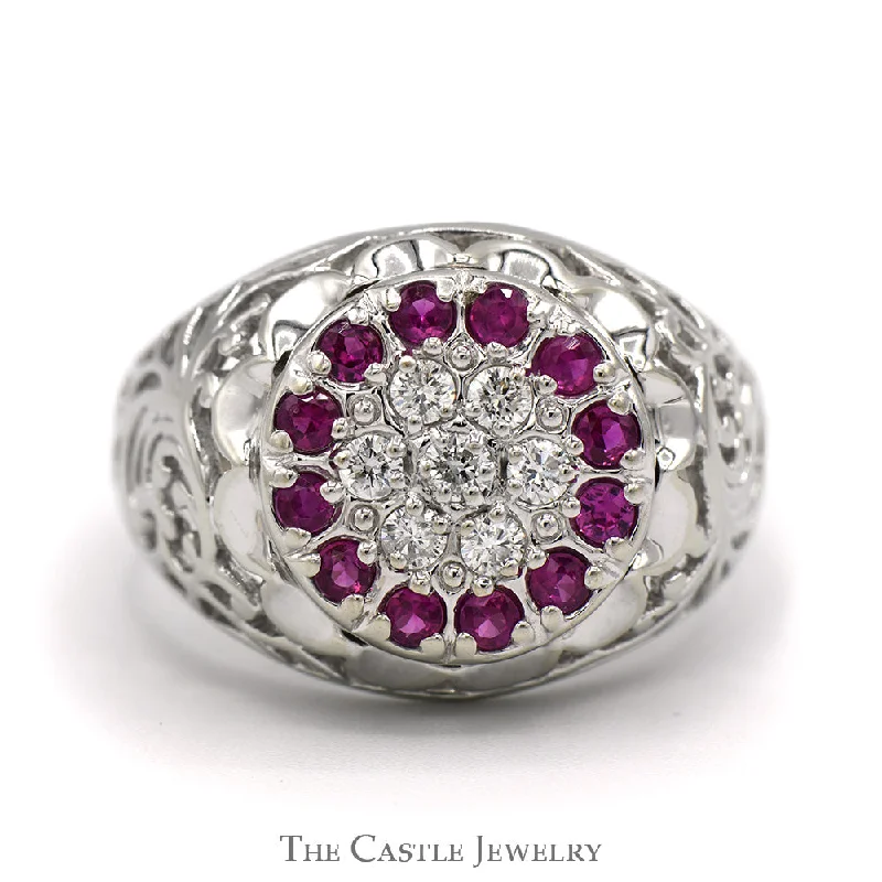 Vintage Silver Ring-Ruby & Diamond Kentucky Cluster Ring with Open Filigree Sides in 10k White Gold