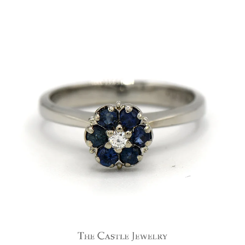 Customizable Engagement Ring-Sapphire And Diamond Flower Design Ring .05 CT Diamond Center In 14KT White Gold