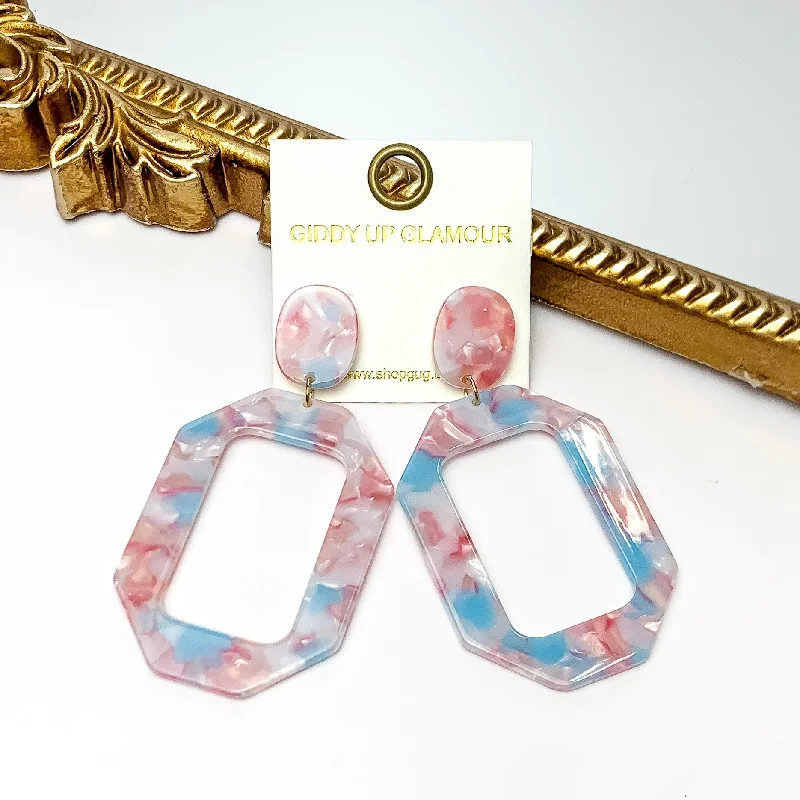 Luxury Wedding Earrings-Malibu Marble Open Rectangle Earrings in Pink and Blue