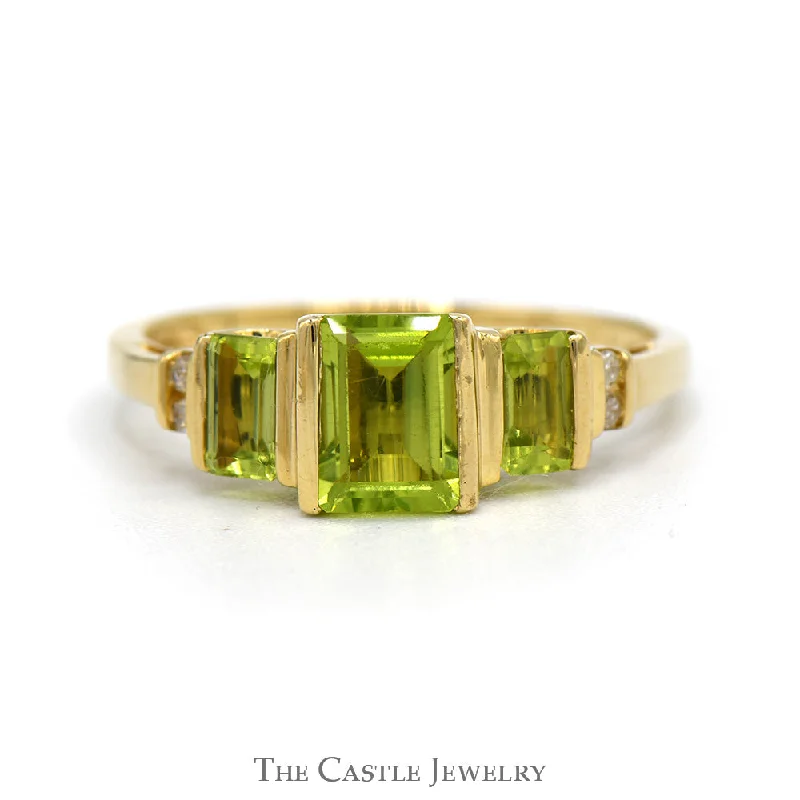 Platinum Engagement Ring-Three Stone Emerald Cut Peridot Ring with Diamond Accents in 10k Yellow Gold