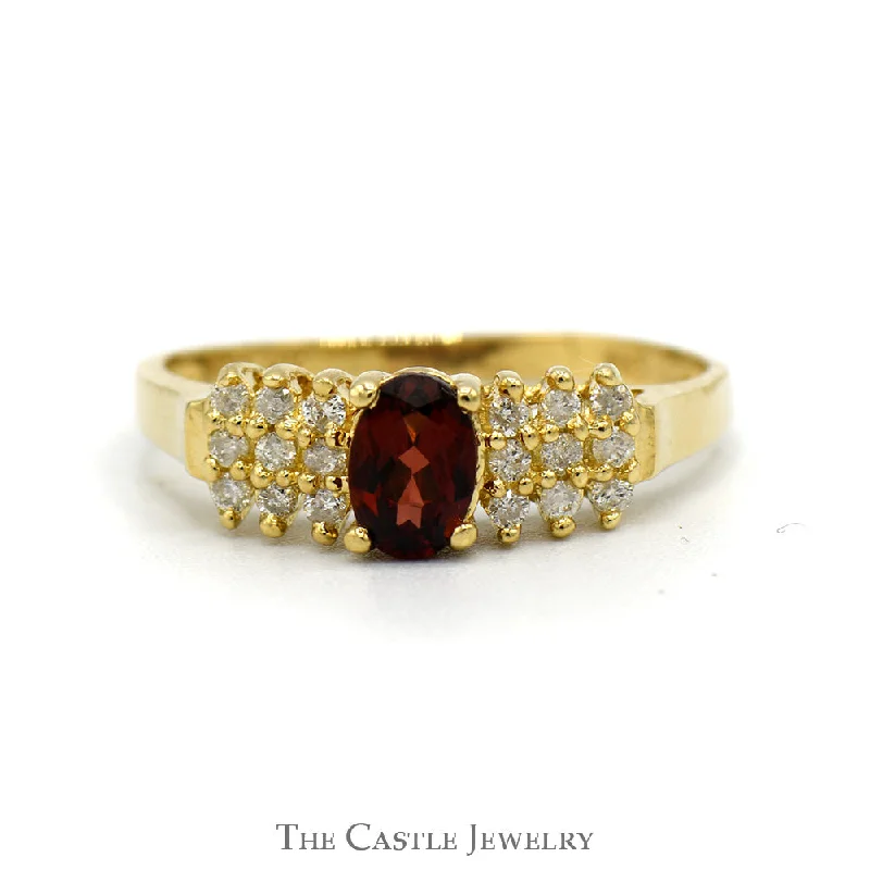 Gold Wedding Ring-Oval Cut Garnet And Diamond Ring With  .18 CTTW Diamonds In 14KT Yellow Gold