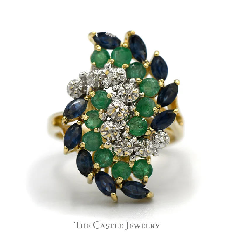 Silver Ring with Diamonds-Round Diamond, Emerald and Marquise Sapphire Swirled Cluster ring in 14k Yellow Gold Split Shank Setting