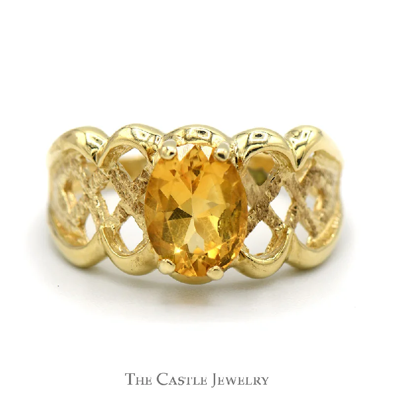 Silver Ring with Sapphire-Oval Citrine Ring with Open Lattice Designed Band in 10k Yellow Gold