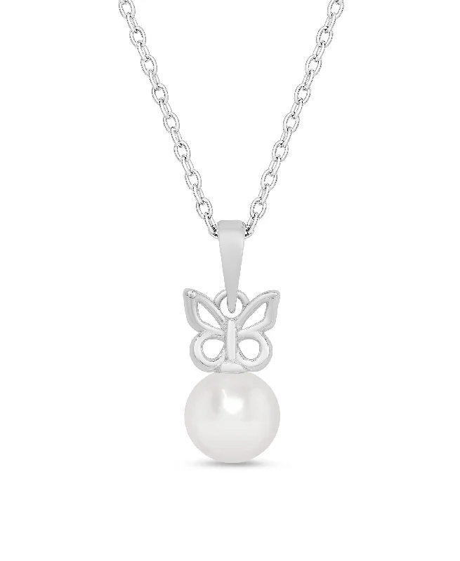 Colored Gemstone Necklace-Butterfly & Freshwater Pearl Pendant in Sterling Silver