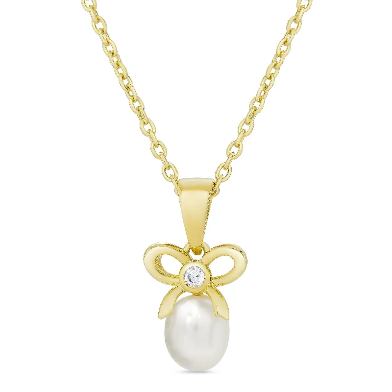 Heart Shaped Necklace-CZ Bow and Freshwater Pearl Pendant