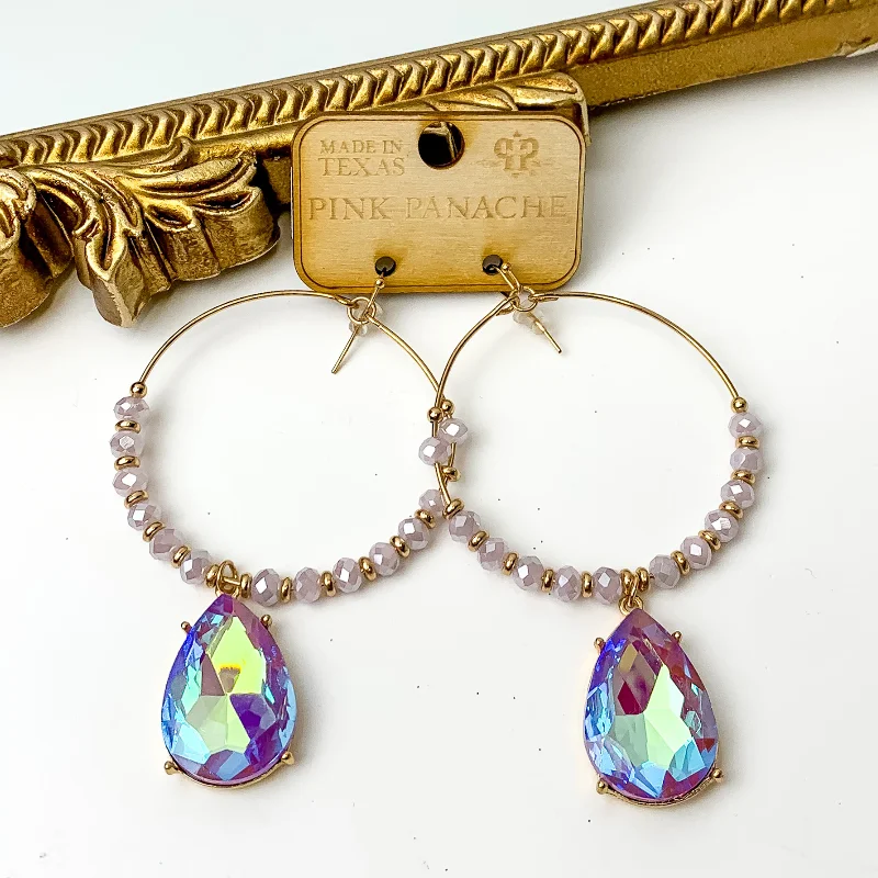 Unique Silver Earrings-Pink Panache | Lavender Bead and Gold Circles on Gold Tone Hoops with Large Crystal Teardrop in Lavender AB