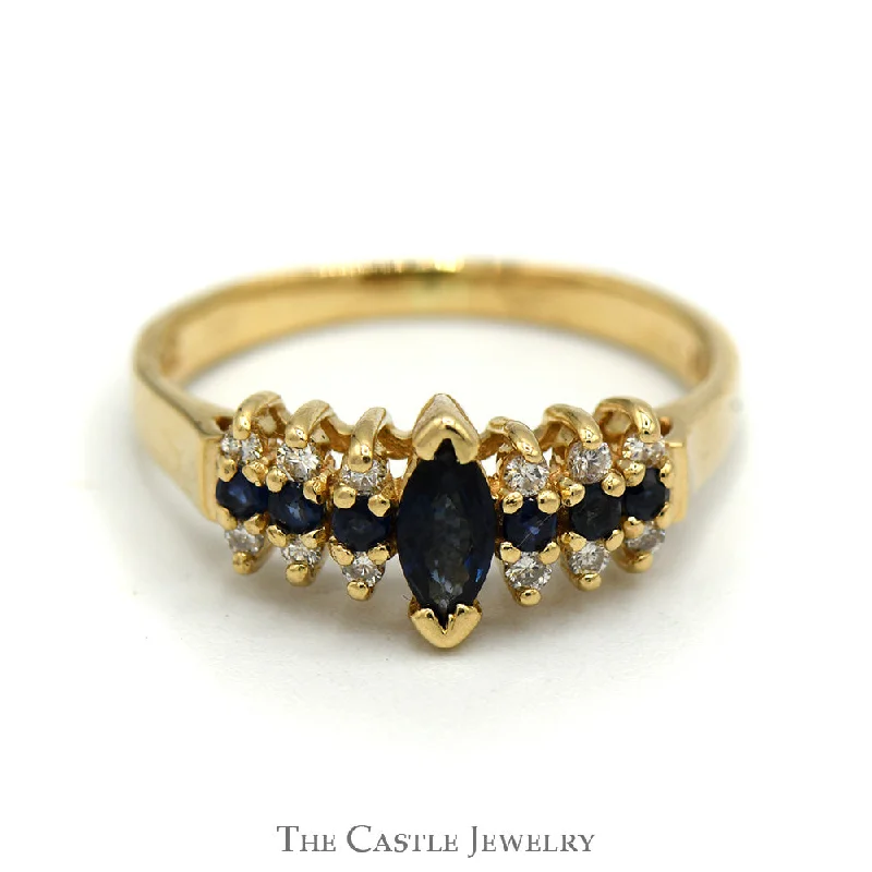 Vintage Engagement Ring Set-Marquise and Round Sapphire Ring with Diamond Accents in 10k Gold