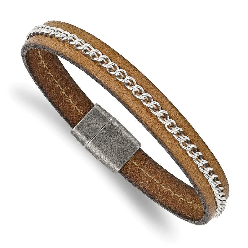 Luxury Gold Bracelet-Stainless Steel Antiqued Brushed & Polished Brown Leather & Chain Bracelet