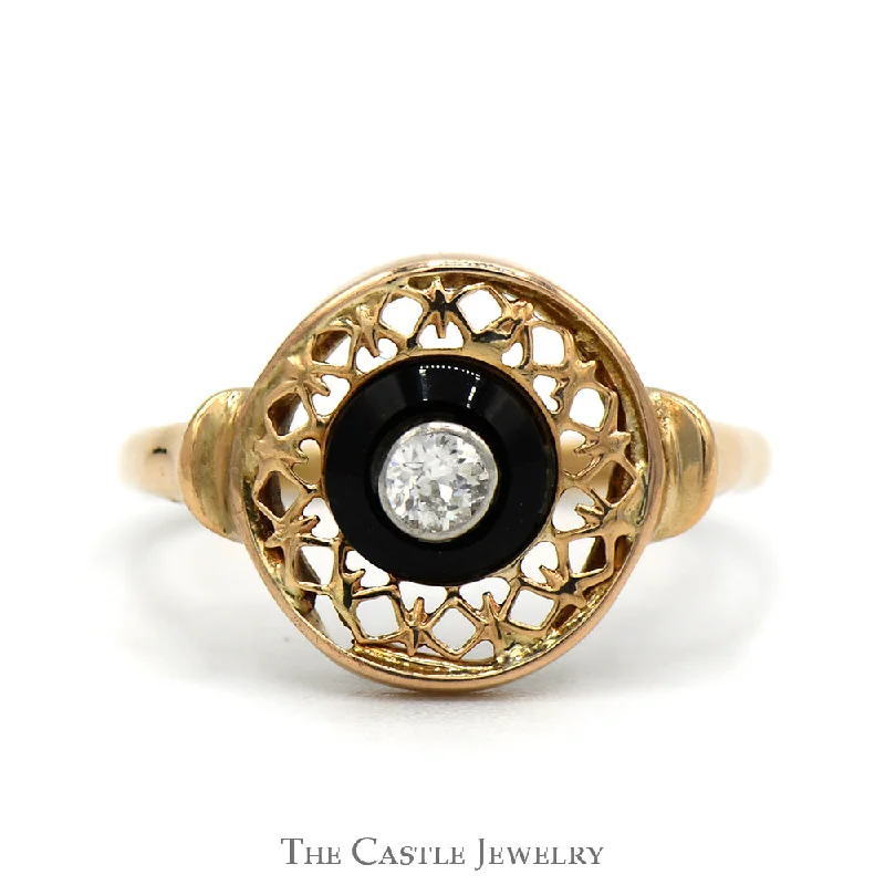 Custom Vintage Engagement Ring-Old Mine Cut Diamond Circular Shield Ring with Black Onyx Accent in 14k Yellow Gold