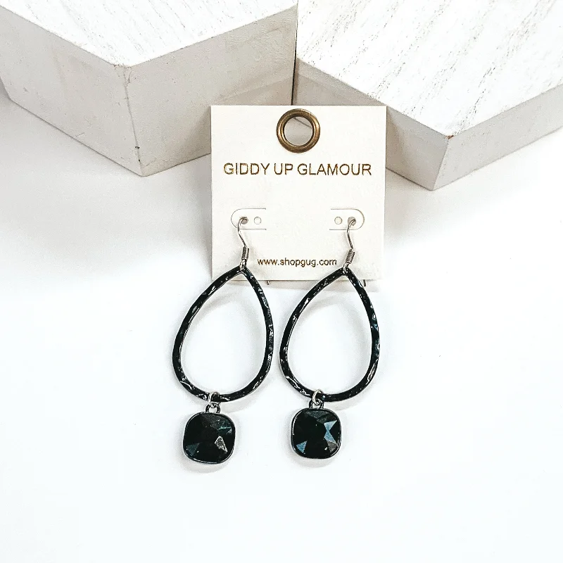 Minimalist Silver Earrings-Small Hammered Teardrop Earrings with Black Hanging Crystal in Black