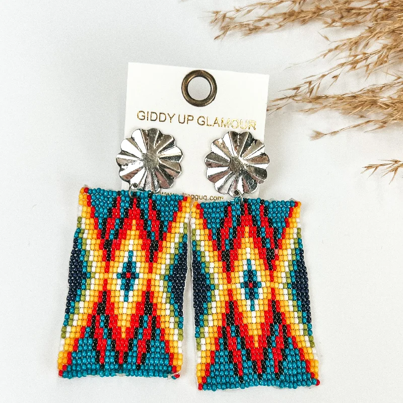 Trendy Earrings for Bridesmaids-Silver Tone Concho Post Earrings with Rectangle Navajo Beaded Drop in Turqiouse