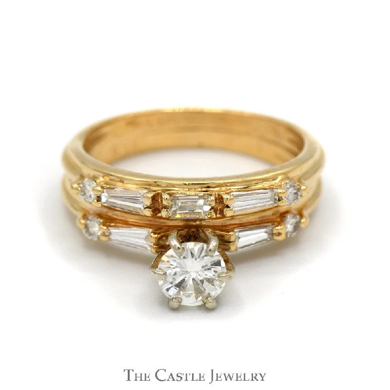 Elegant Wedding Ring for Bride-1cttw Diamond Solitaire Bridal Set with Baguette Accents and Matching Band in 14k Yellow Gold