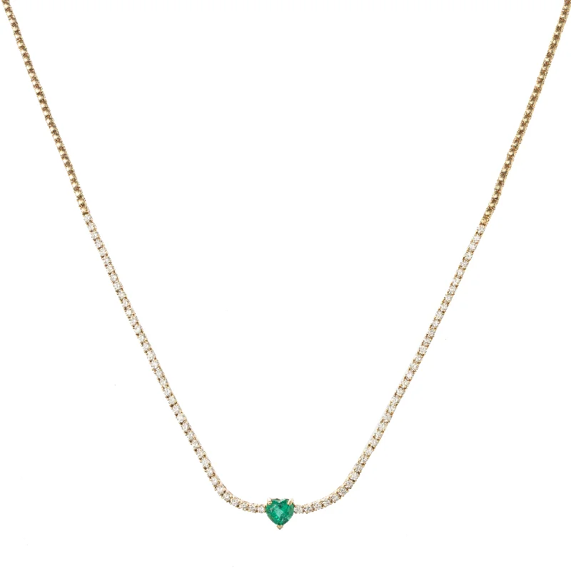 Long Pendant Necklace-Lena Emerald Heart and Diamond Tennis Necklace