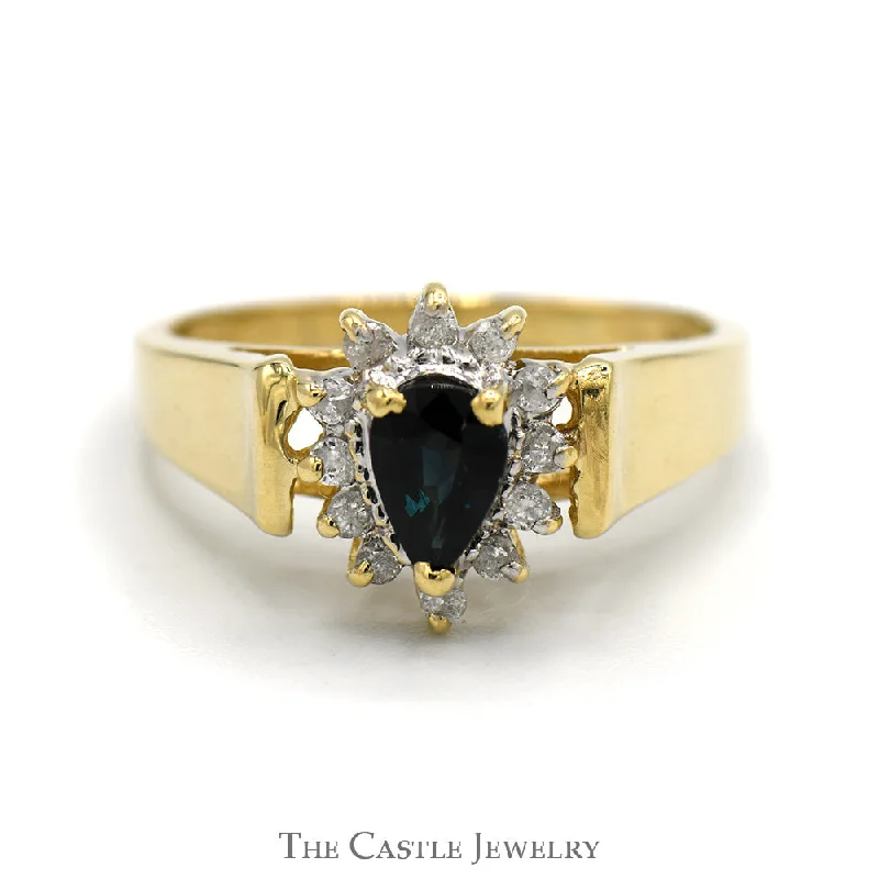 Custom Name Ring-Pear Cut Sapphire Ring with Diamond Halo in 10k Yellow Gold