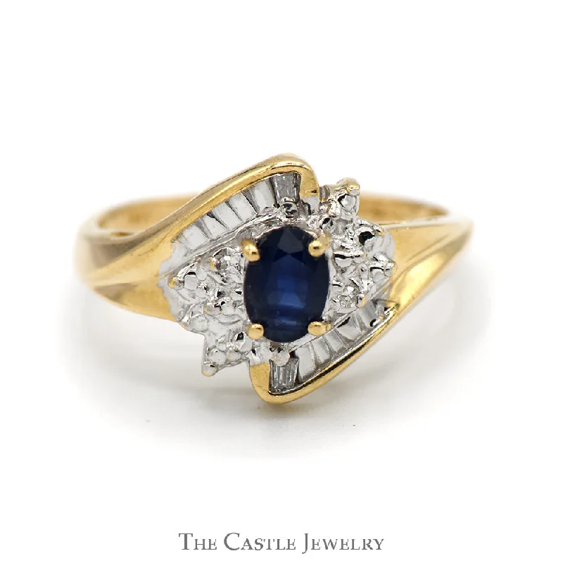 Heart Shaped Engagement Ring-Oval Sapphire Ring with Illusion Set Diamond Accents in 14k Yellow Gold