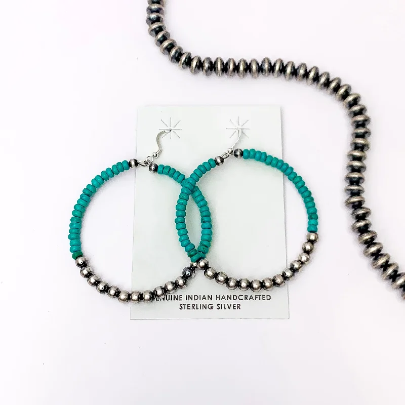 Handmade Silver Earrings-Navajo | Navajo Handmade Sterling Silver Navajo Pearl Hoop Earrings with Turquoise Beads