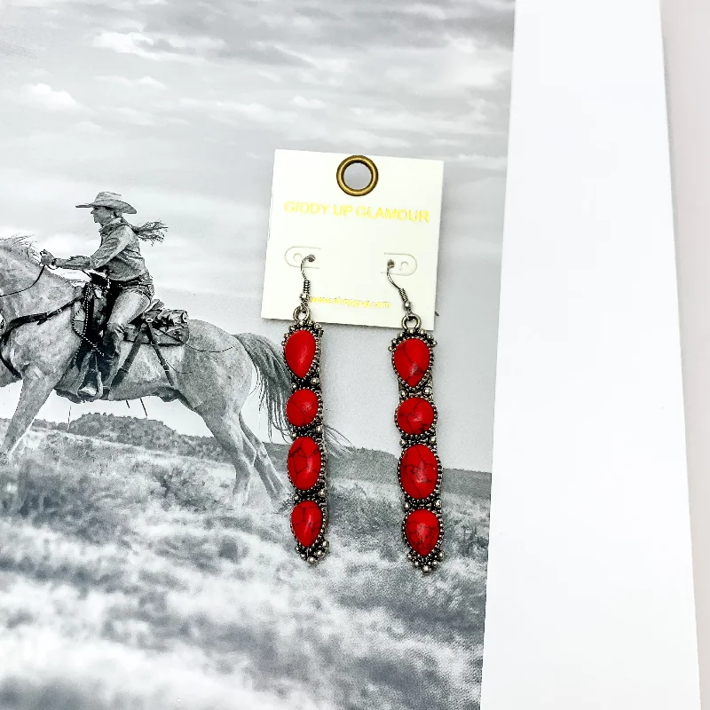 Geometric Drop Earrings-Western Connection Silver Tone Earrings With Four Stones in Red