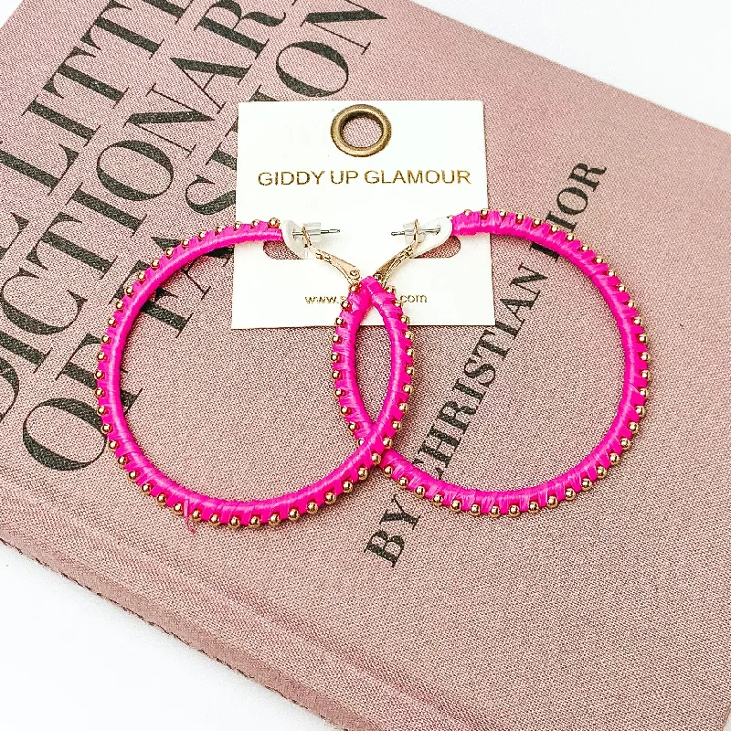 Silver Dangle Earrings-Circle Gold Tone Beaded Hoop Earrings in Hot Pink