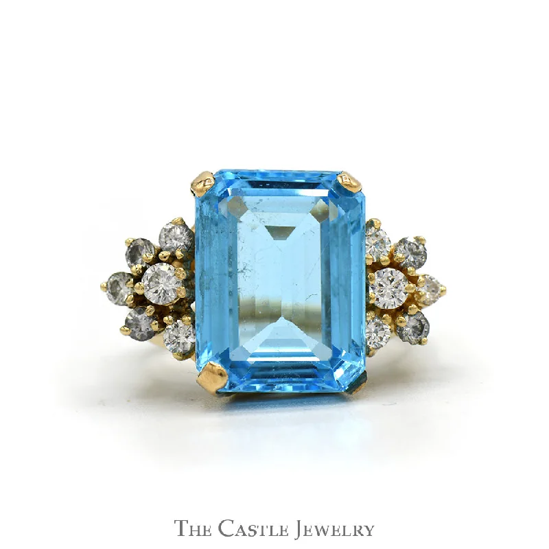 Elegant Diamond Ring-Emerald Cut Blue Topaz Ring with 1/2cttw Diamond Cluster Sides in 14k Yellow Gold