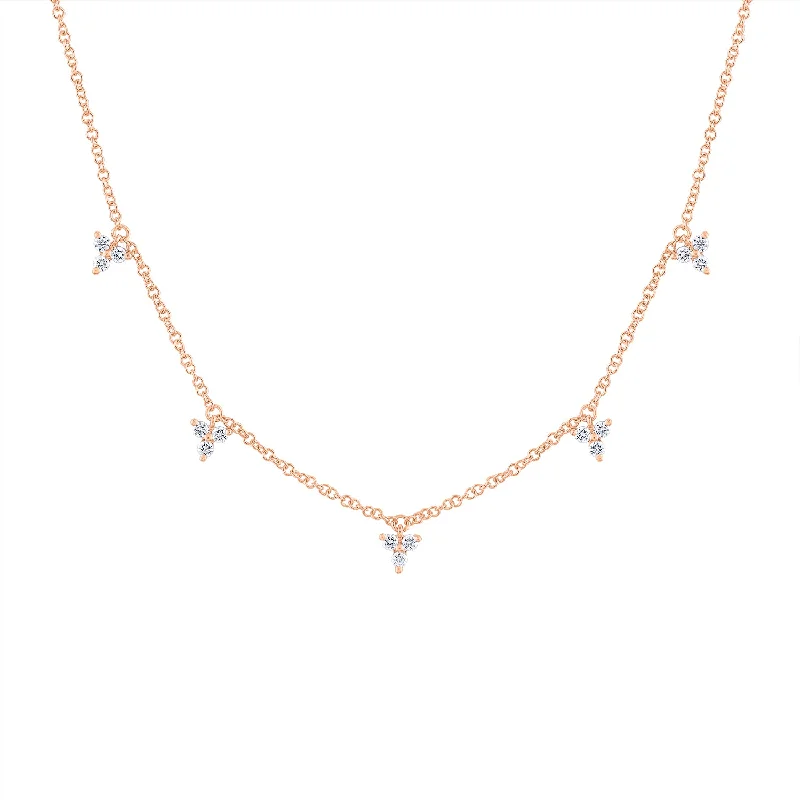 Pearl and Diamond Necklace-14KT GOLD DIAMOND FIVE STATION TRIO DANGLE NECKLACE