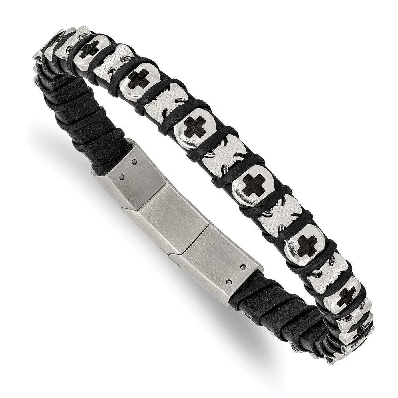 Simple Custom Bracelet-Stainless Steel Polished Cross Black Leather w/.5in ext 8in Bracelet