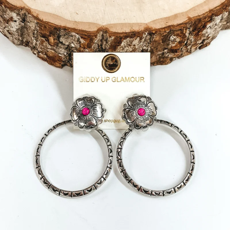 Retro Earrings for Women-Silver Flower Post Earrings and Open Circle Drop Pendant with Pink Center Stone