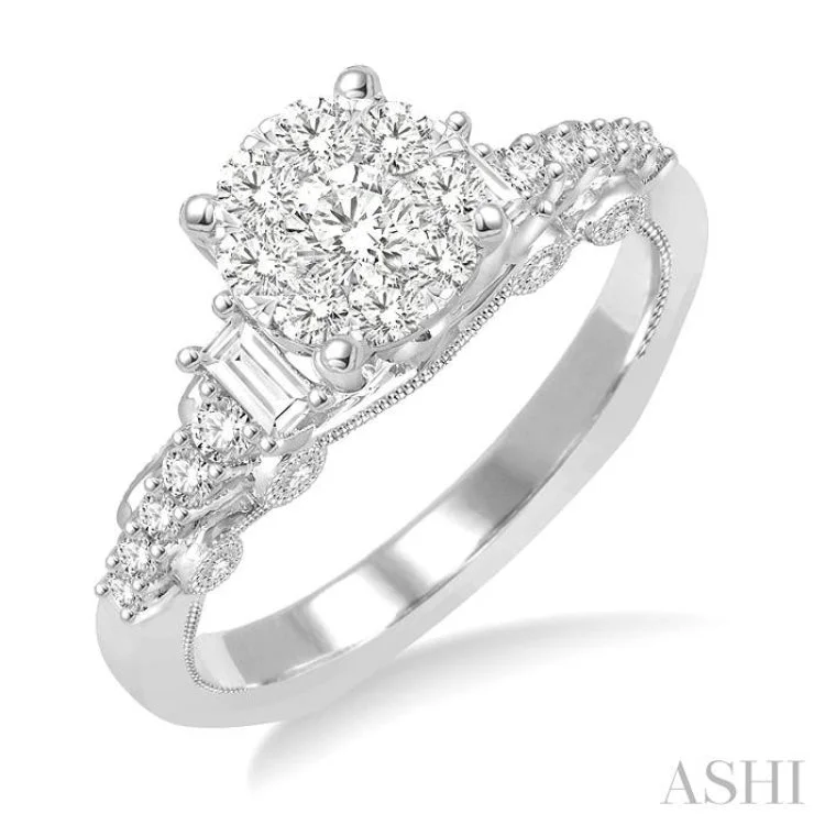 Diamond Ring with Gold Band-3/4 Ctw Round and Baguette Diamond Lovebright Engagement Ring in 14K White Gold