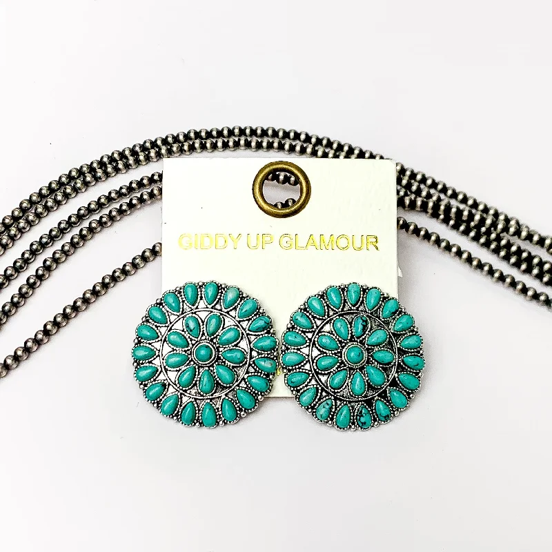 Modern Gold Earrings-Silver Tone Circle Cluster Stud Earrings with Turquoise Blue Stones