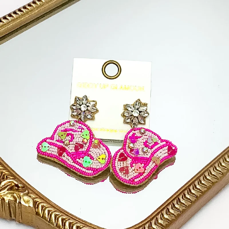 Gorgeous Diamond Earrings-Cowboy Lovin Beaded Earrings in Hot Pink