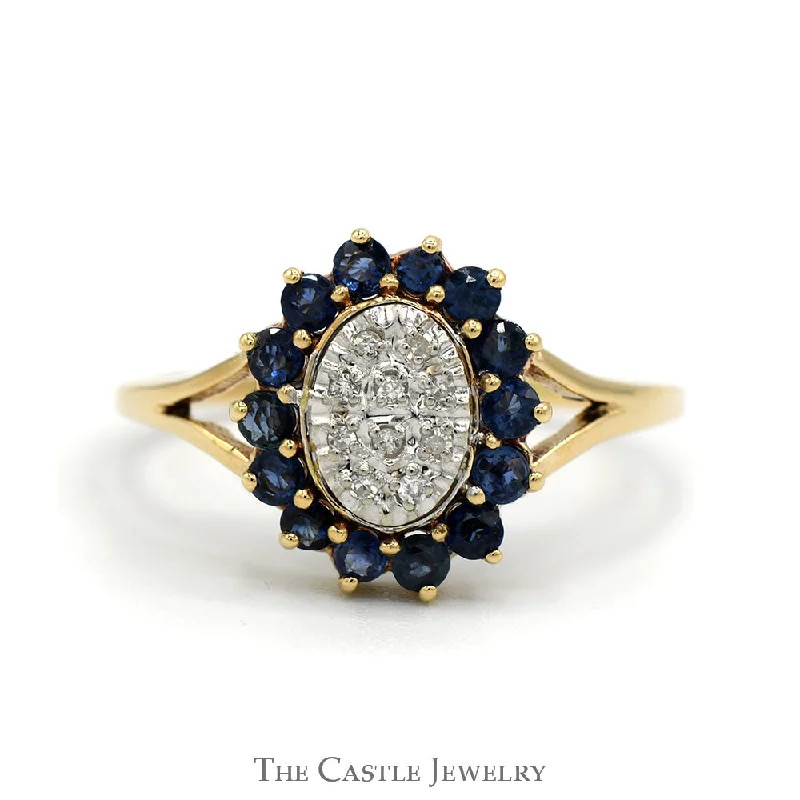 Custom Initial Ring-Sapphire and Diamond Cluster Ring With Round Sapphires and .05 CTTW Round Brilliant Cut Diamonds in Split-Shank 10 KT Yellow Gold