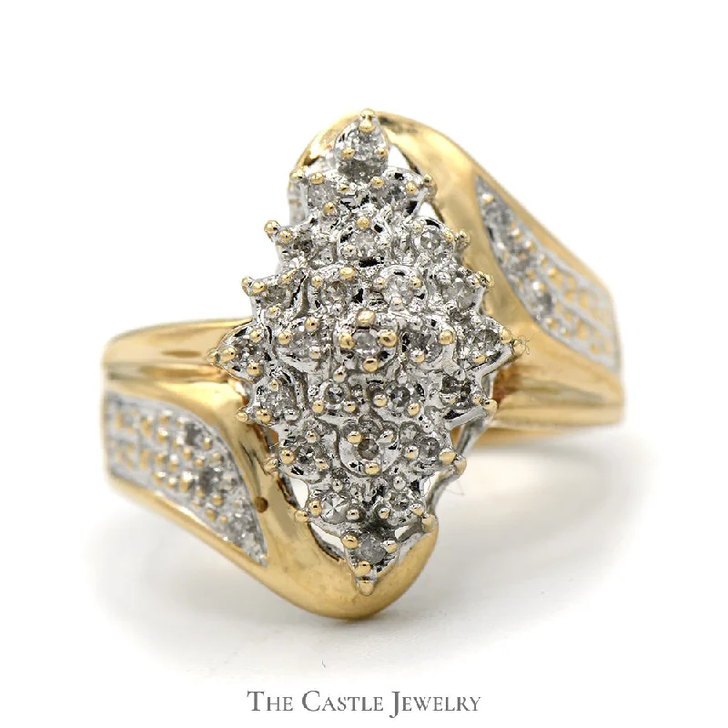 Rose Gold Wedding Ring Set-Marquise Shaped Diamond Cluster Bypass Ring in 10k Yellow Gold