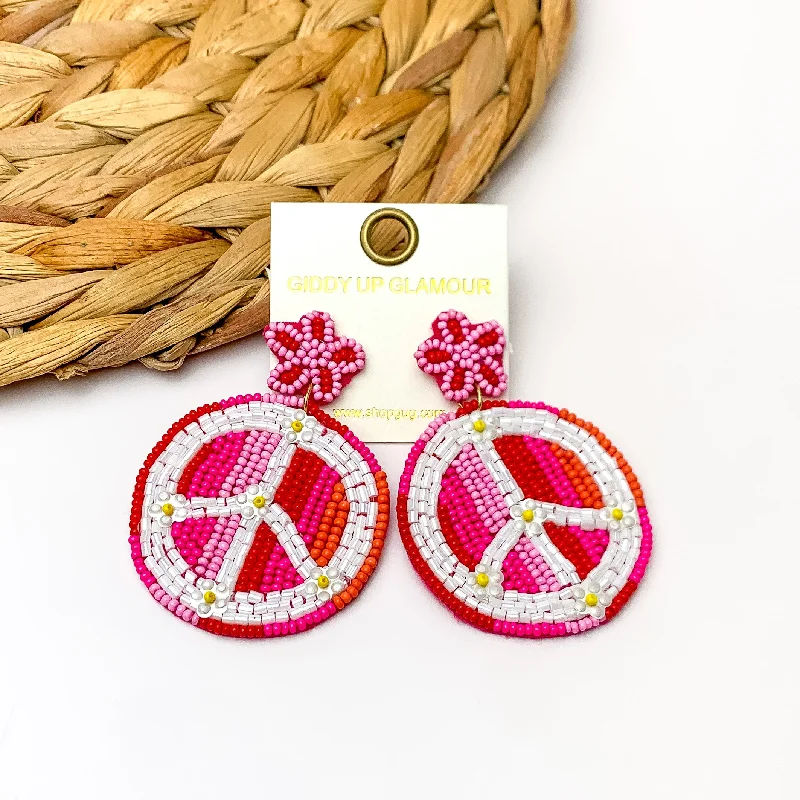 Rose Gold Hoop Earrings-Beaded Peace sign Earrings With Star Post in Fuchsia Pink