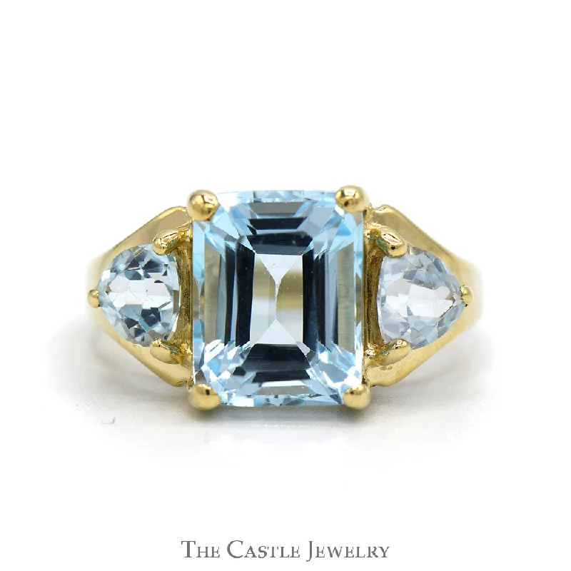 Stunning Gold Ring for Women-Emerald Cut Blue Topaz Ring with Trillion Cut Topaz Sides in 10k Yellow Gold