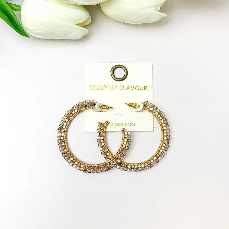 Gold Earrings with Crystals-Gold Tone Beaded Hoop Earrings with a Grey Crystal Outline