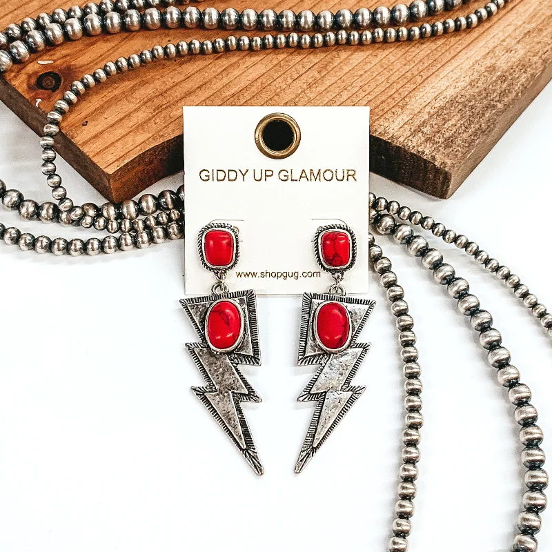 Diamond Stud Earrings-Silver Tone Lightning Bolt Drop Earrings with Faux Stones in Red