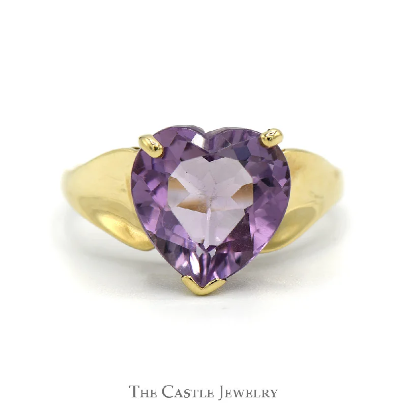 Elegant Custom Ring-Heart Shaped Amethyst Solitaire Ring in 10k Yellow Gold Tapered Setting