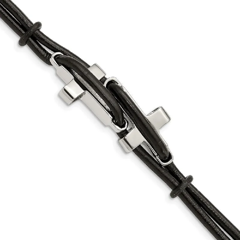 Fashionable Leather Bracelet-Stainless Steel Black Leather 8.25in Bracelet