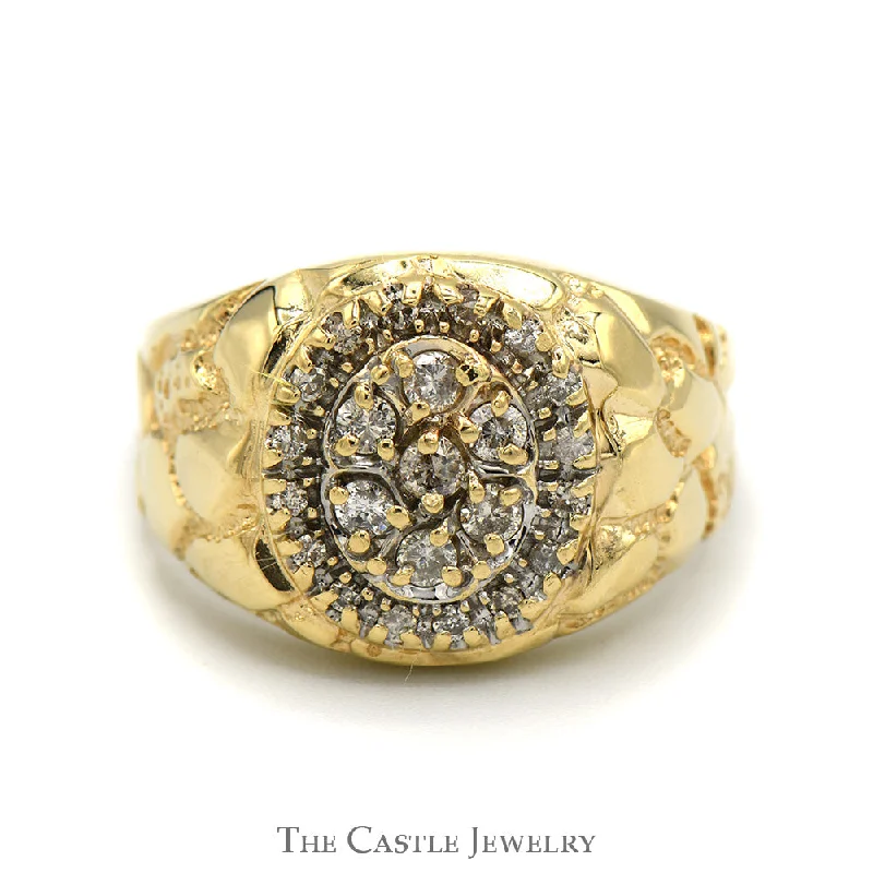 Wedding Band with Diamonds-Oval Shaped 1/2cttw Diamond Cluster Ring with Nugget Designed Sides in 10k Yellow Gold