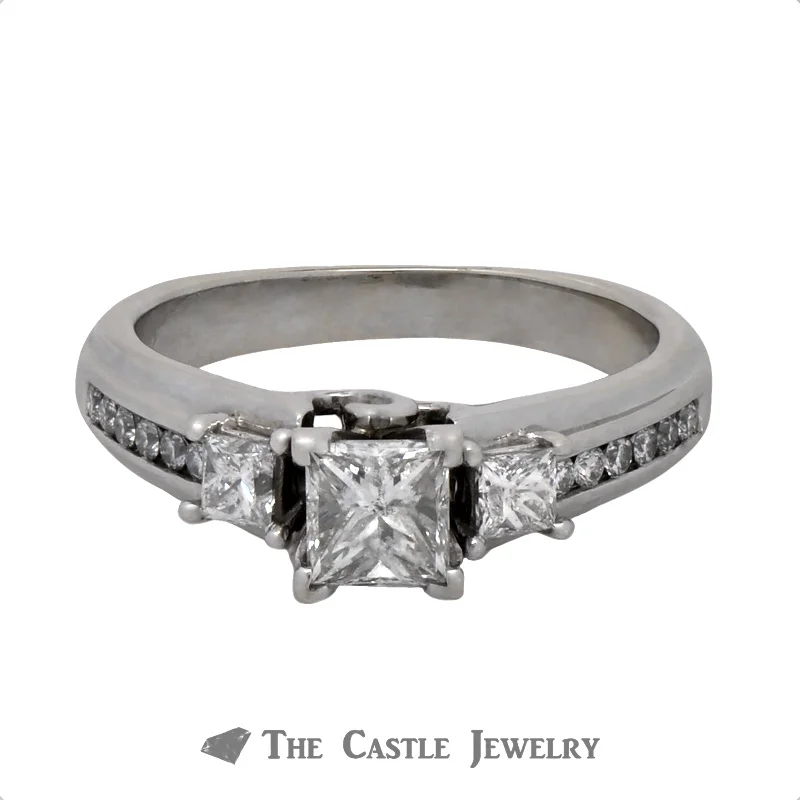 Designer Wedding Ring Set-Princess Cut Three Stone Diamond Engagement Ring with Accents in a Cathedral Mounting