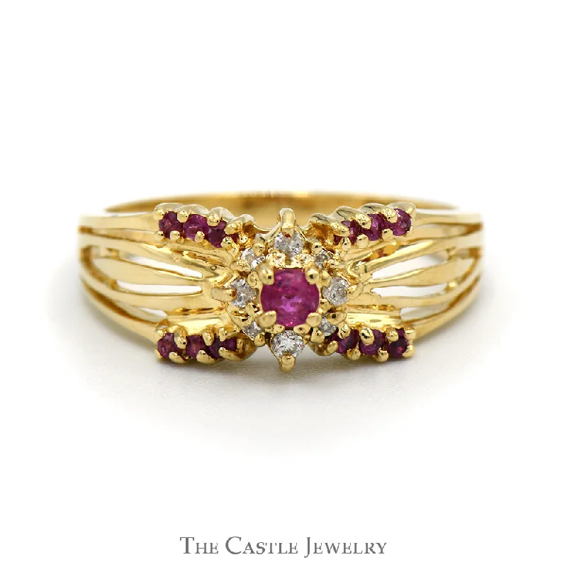 Custom Ruby Engagement Ring-Ruby & Diamond Cluster Ring with Split Shank Ornate Sides in 14k Yellow Gold