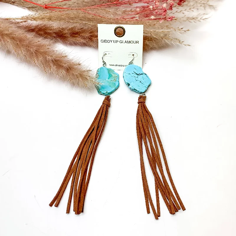 Geometric Earrings for Women-Turquoise Stone Tassel Earrings in Brown