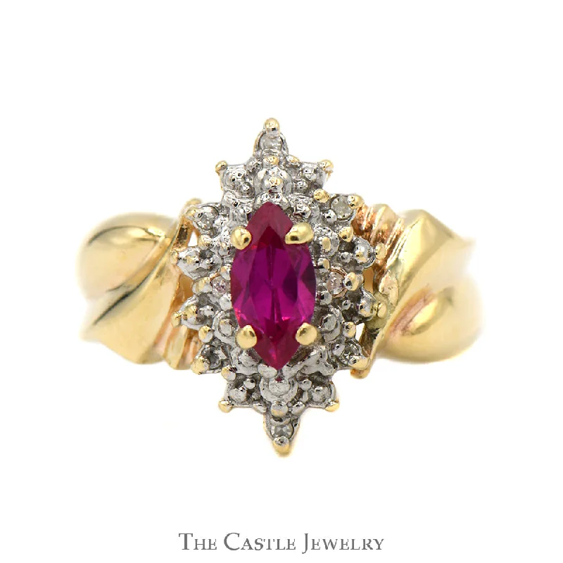 Stunning Platinum Engagement Ring-Marquise Shaped Ruby Ring with Illusion Set Diamond Halo in 10k Yellow Gold