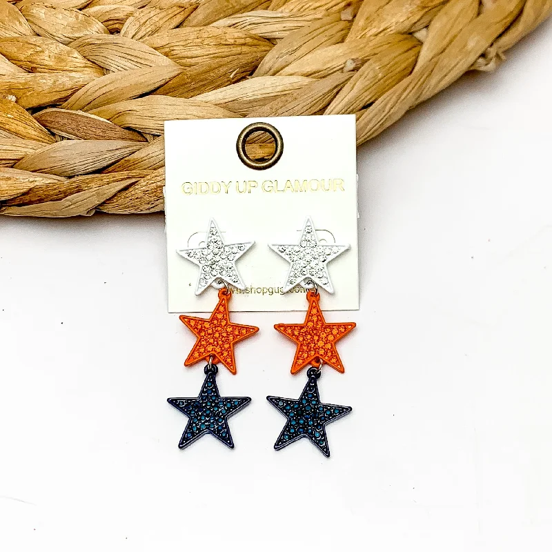 Silver Stud Earrings-Star Shaped Three Tier Earrings With Colored Crystals in White, Orange, and Navy