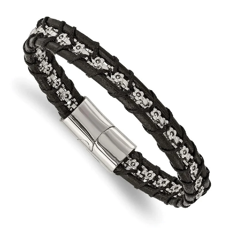 Silver Bracelet for Bridesmaids-Stainless Steel Polished Flower Link Black Leather 8.25in Bracelet