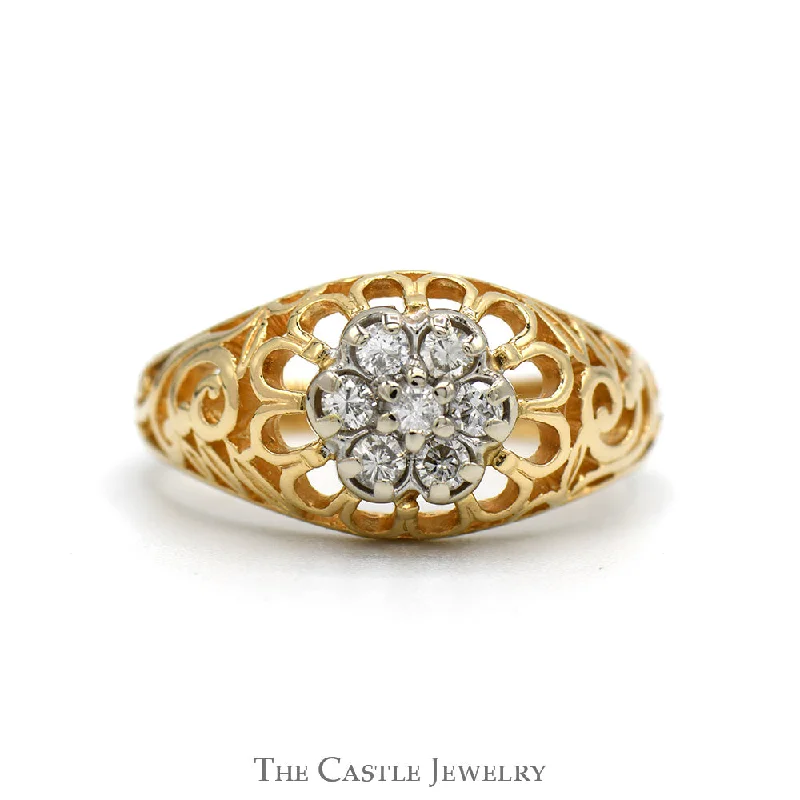 Wedding Ring Set with Gemstones-1/4cttw 7 Diamond Kentucky Cluster Ring with Open Filigree Sides in 14k Yellow Gold